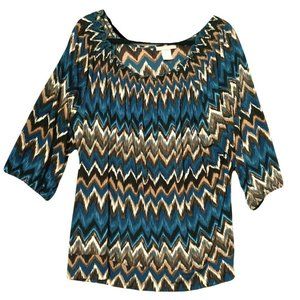 Claudia Richard Blouse Womens Plus Size 3X 26 28 Multicolor Brown Teal Geo Zig Z